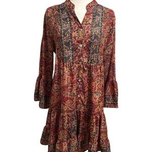 Double‎ Decker Medium silk paisley boho Dress indie western tiered bell sleeve